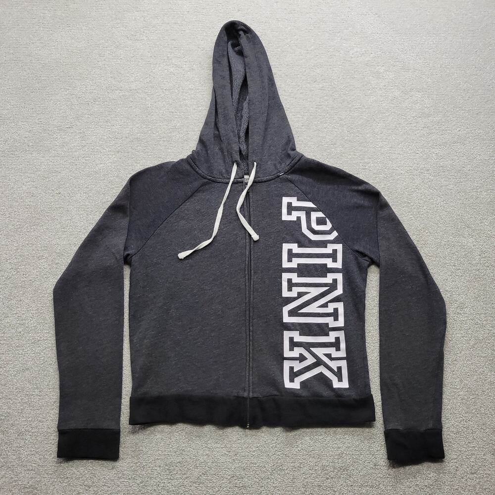 PINK Victoria’s Secret Full Zip Hoodie Women’s Small Gray Logo Spellout